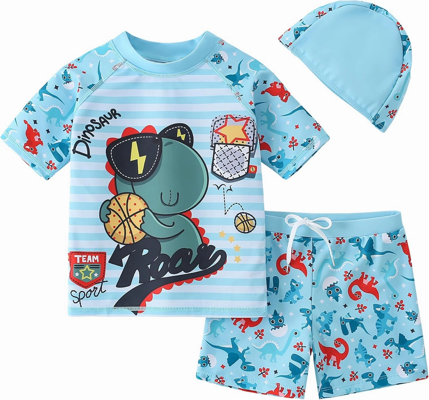 AIWUHE Toddler Boys Swimsuit Set Rash Guard Boys' Swimwear Two Piece Bathing Suit and Swim Trunk with Hat UPF 50  3-8Y