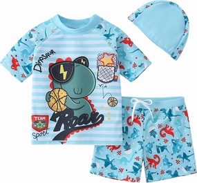 AIWUHE Toddler Boys Swimsuit Set Rash Guard Boys' Swimwear Two Piece Bathing Suit and Swim Trunk with Hat UPF 50  3-8Y