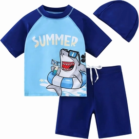 AIWUHE Toddler Boys Swimsuit Set Two Piece Shark Bathing Suit Boys' Swimwear Trunk and Rashguard Set 2-7Y