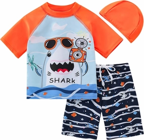 AIWUHE Toddler Boys Swimsuit Set Two Piece Shark Bathing Suit Boys' Swimwear Trunk and Rashguard Set 2-7Y