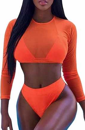 ALBIZIA Women's Triangle High Waist Bikini Set Swimsuit with Mesh Cover up High Cut Swimwear
