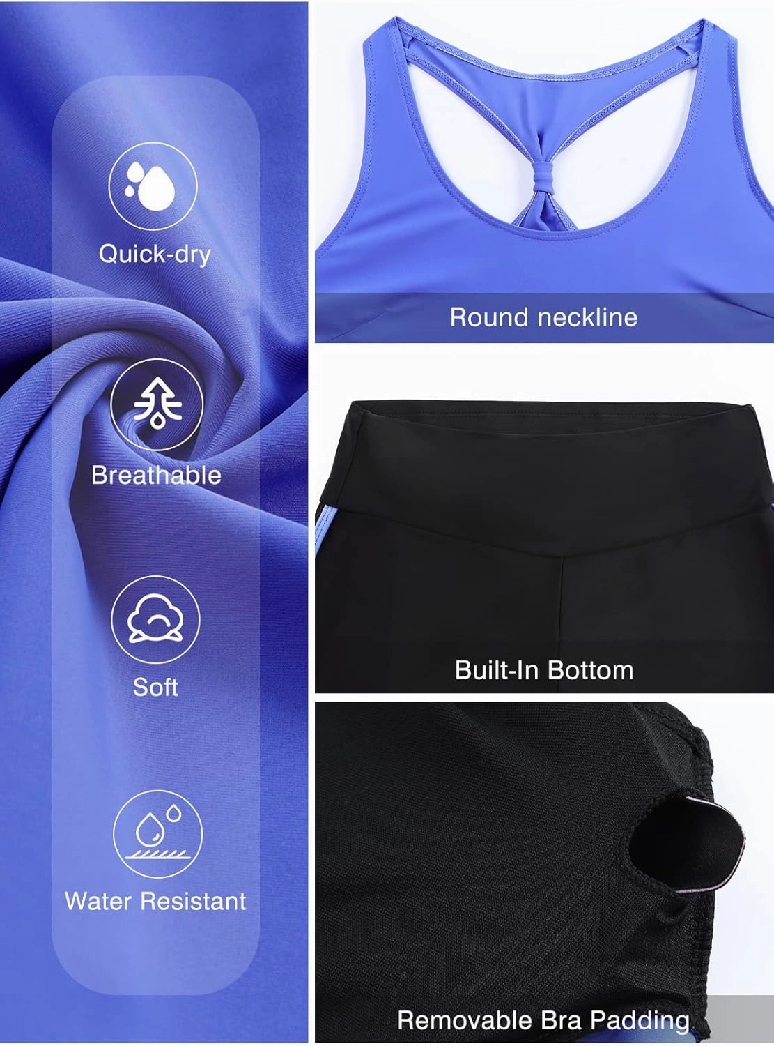 Aleumdr Womens Athletic 3 Piece Tankini Swimsuits with Shorts Swim Tank Tops with Sports Bra and Boyshorts Bathing Suits