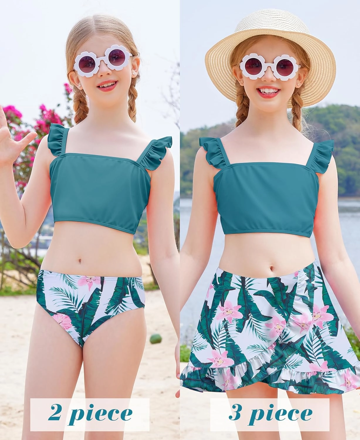 ALISISTER Girls Bathing Suits 3 Piece Swimsuit Summer Bikini Tankini Sets with Cover Up Skirt for 5-12 Years