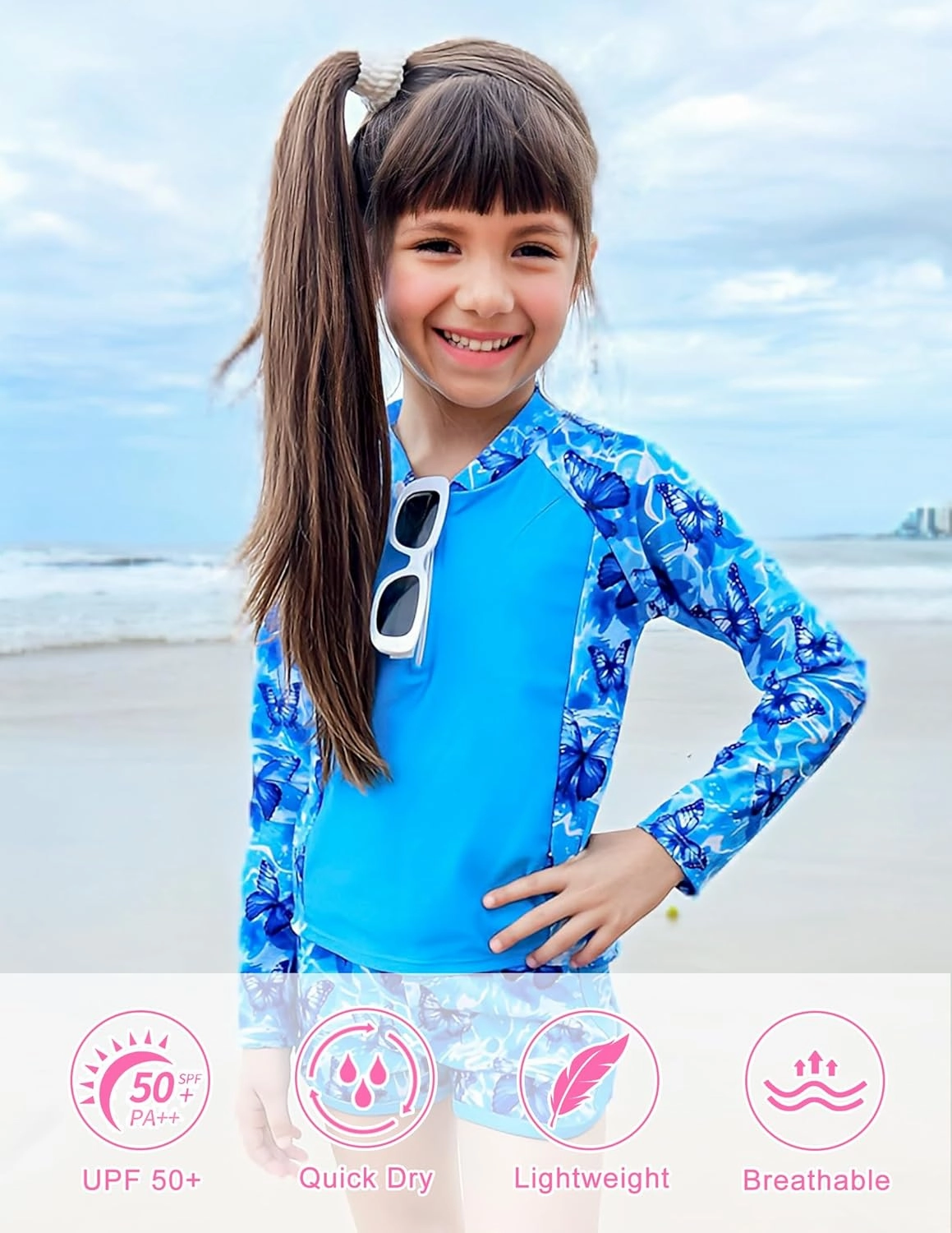 ALISISTER Girls Rash Guard Swimsuit 2 Pieces Long Sleeve Bathing Suits Swimwear for 5-9 Years UPF 50 