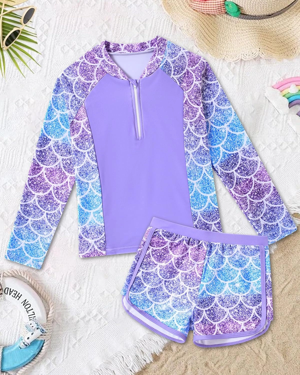 ALISISTER Girls Rash Guard Swimsuit 2 Pieces Long Sleeve Bathing Suits Swimwear for 5-9 Years UPF 50 