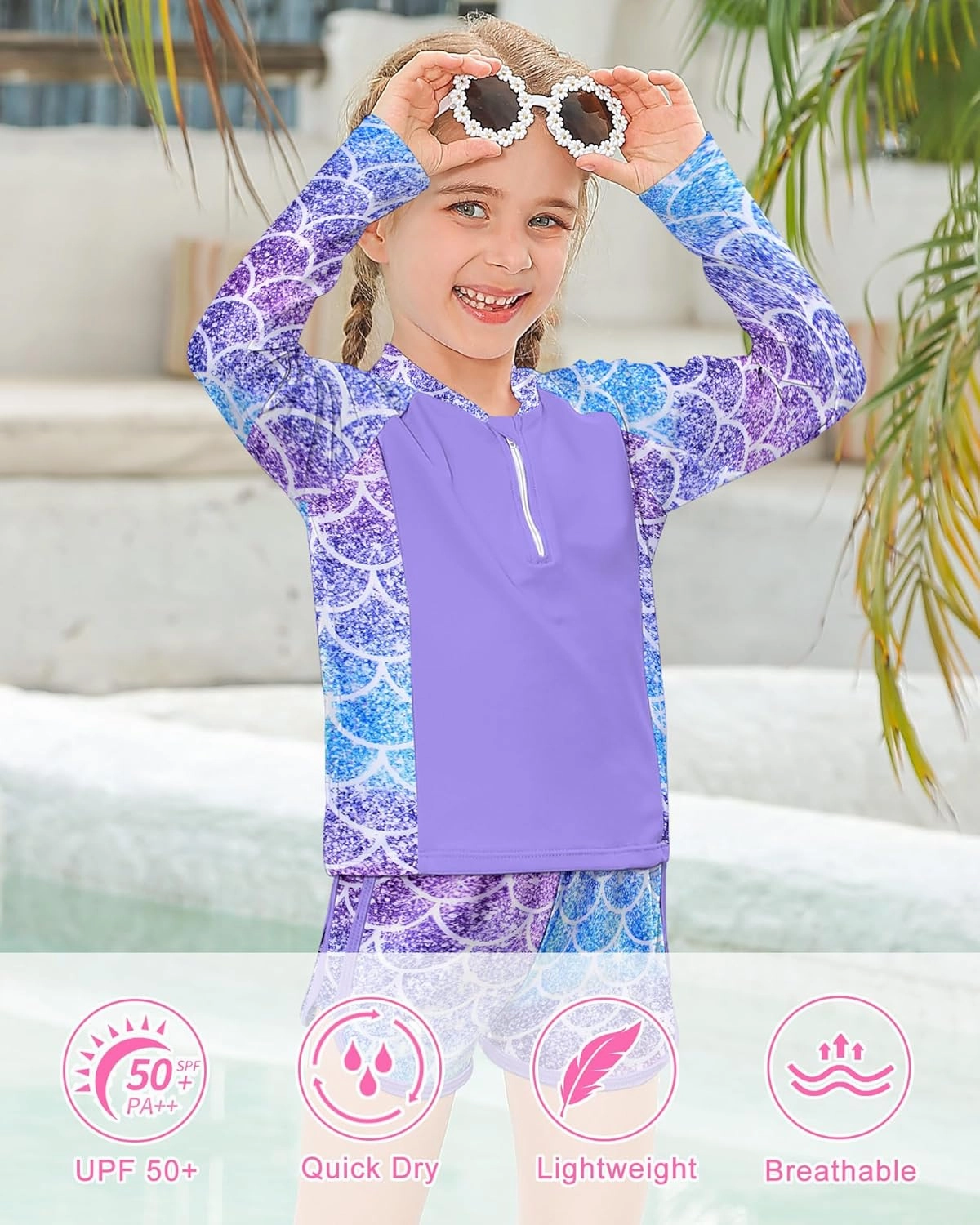 ALISISTER Girls Rash Guard Swimsuit 2 Pieces Long Sleeve Bathing Suits Swimwear for 5-9 Years UPF 50 