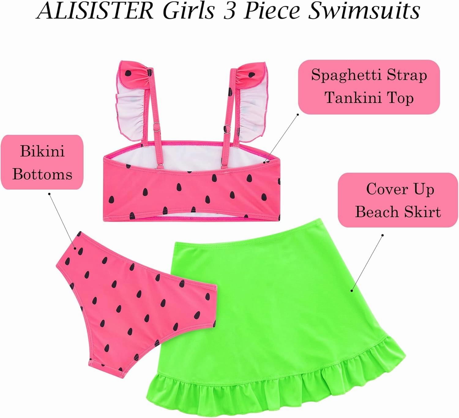 ALISISTER Girls Swimsuit 3 Piece Bathing Suits for 5-12 Years Hawaiian Bikini Set with Cover Ups Skirt