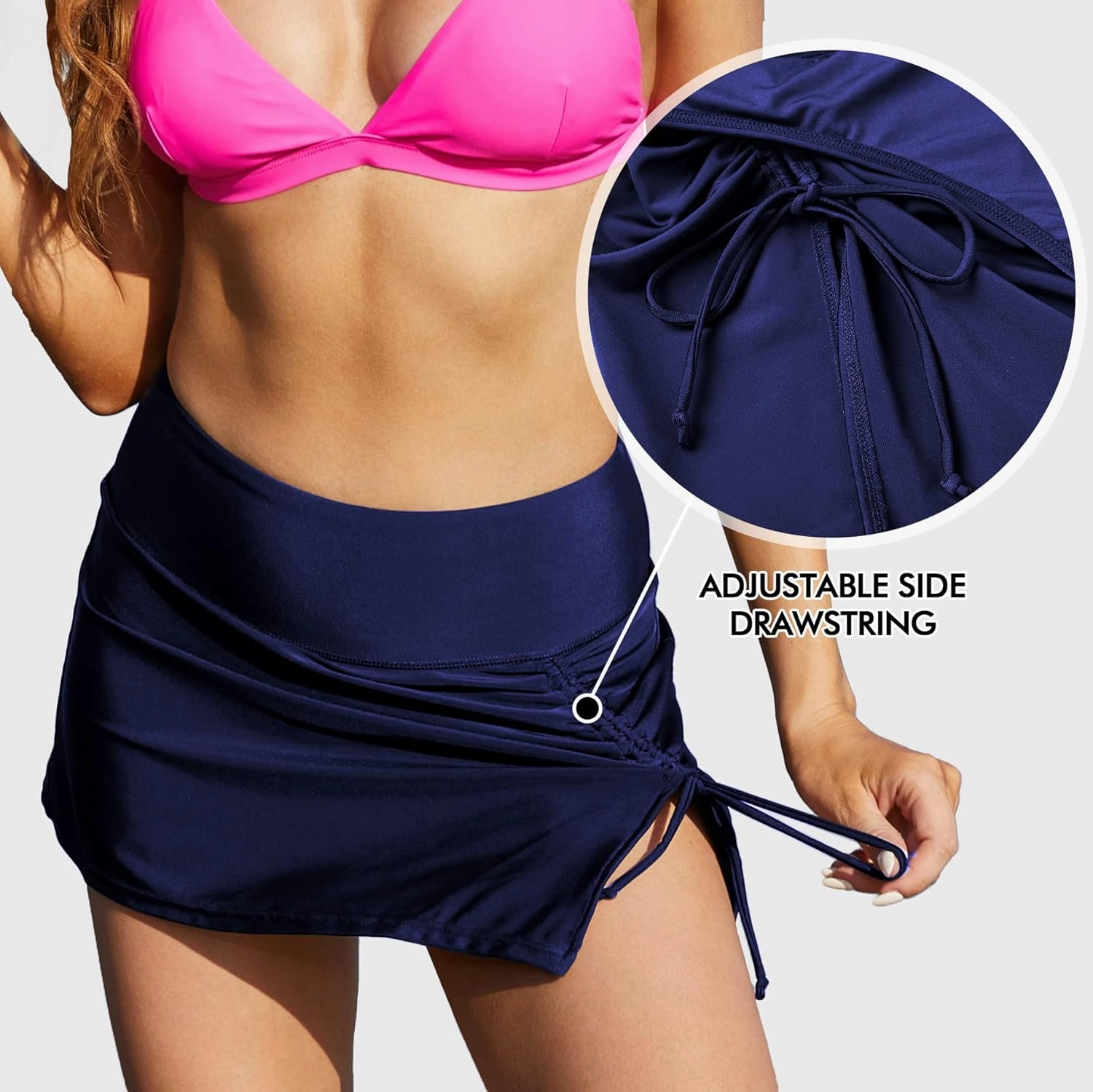 ALove Womens High Waisted Split Swim Skirt Sporty Drawstring Skirted Swim Bottom with Built-in Panty