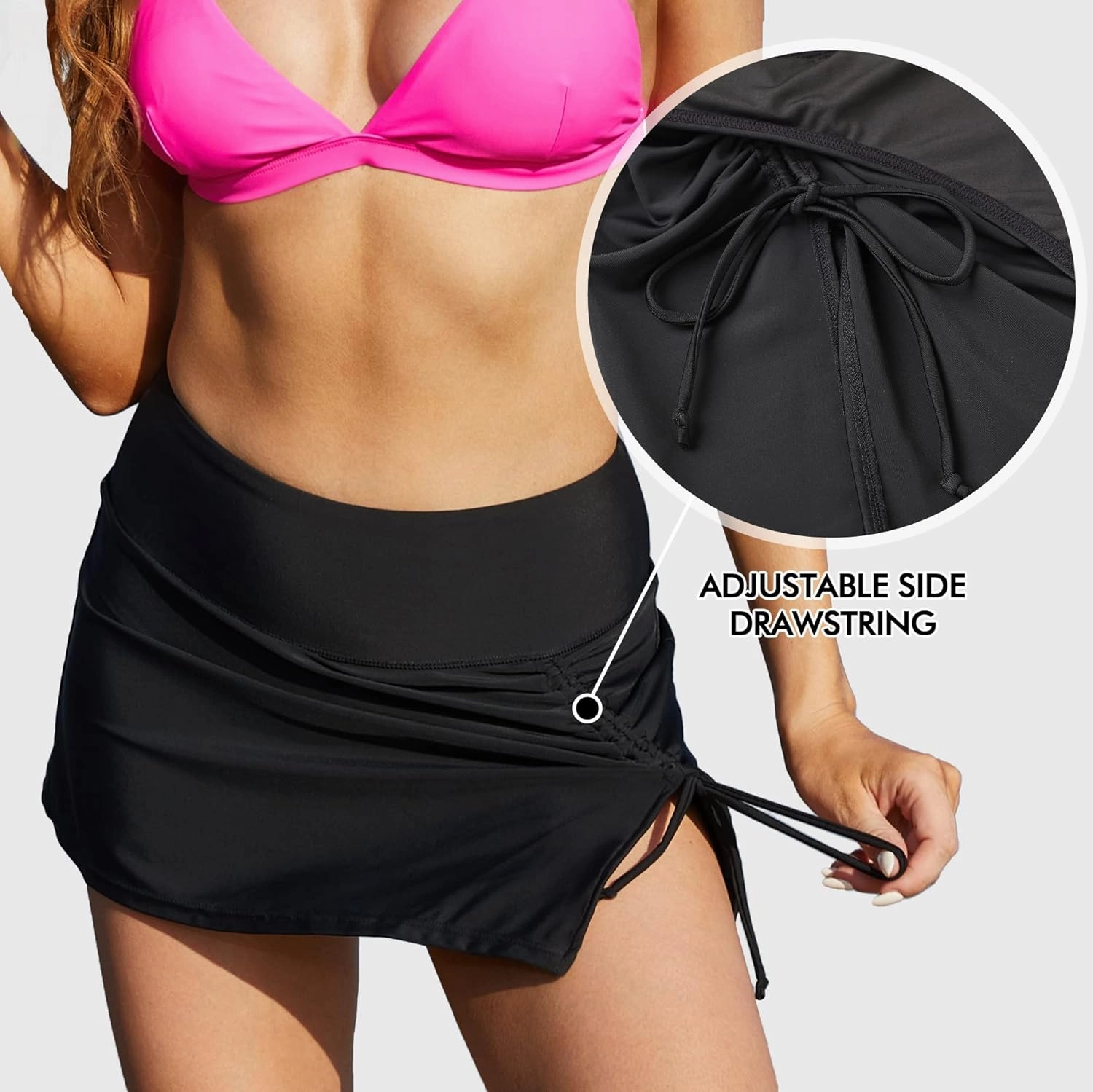 ALove Womens High Waisted Split Swim Skirt Sporty Drawstring Skirted Swim Bottom with Built-in Panty