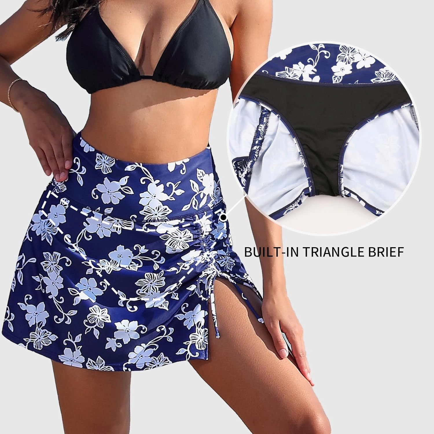 ALove Womens High Waisted Split Swim Skirt Sporty Drawstring Skirted Swim Bottom with Built-in Panty