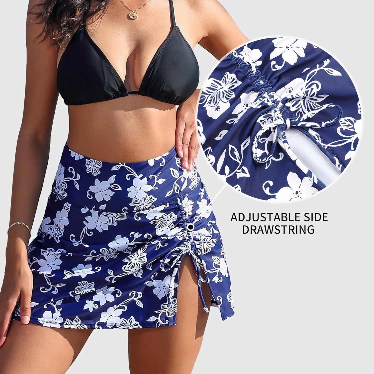 ALove Womens High Waisted Split Swim Skirt Sporty Drawstring Skirted Swim Bottom with Built-in Panty