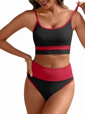 ANRABESS Women High Waisted Bikini Sets Color Block Summer Beach Vacation 2 Piece Bathing Suit Tummy Control Ribbed Swimsuit