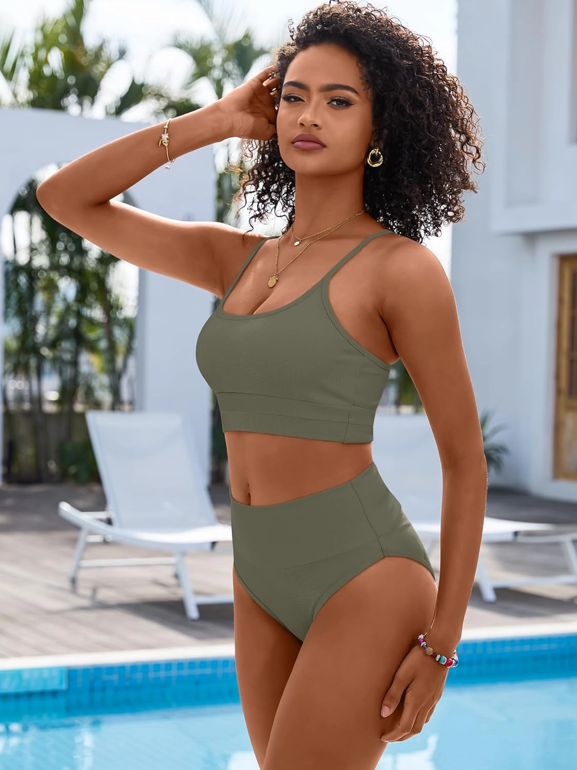 ANRABESS Women High Waisted Bikini Sets Color Block Summer Beach Vacation 2 Piece Bathing Suit Tummy Control Ribbed Swimsuit