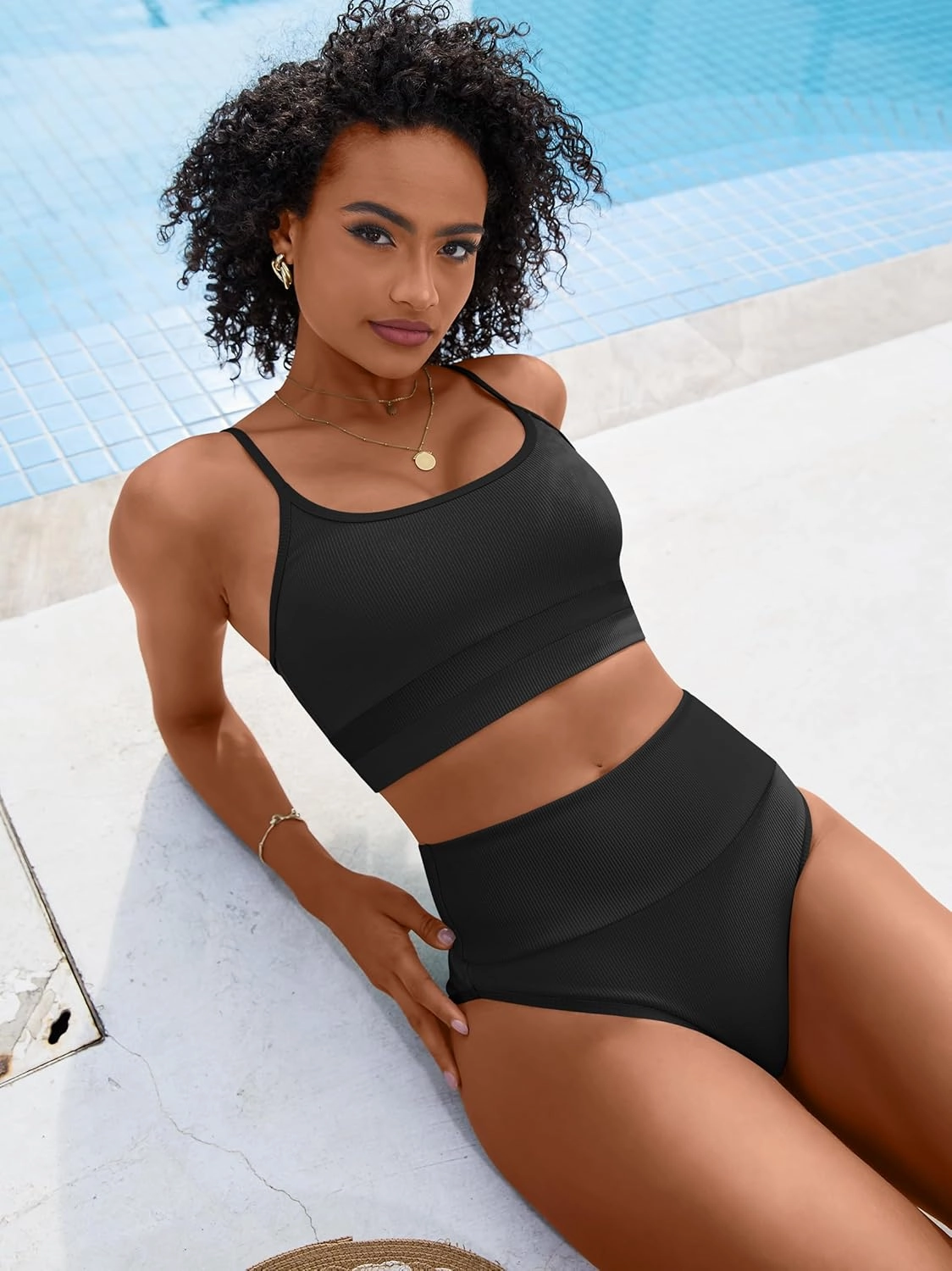 ANRABESS Women High Waisted Bikini Sets Color Block Summer Beach Vacation 2 Piece Bathing Suit Tummy Control Ribbed Swimsuit