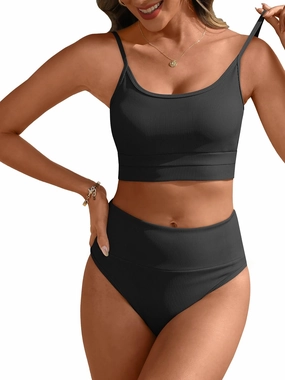 ANRABESS Women High Waisted Bikini Sets Color Block Summer Beach Vacation 2 Piece Bathing Suit Tummy Control Ribbed Swimsuit