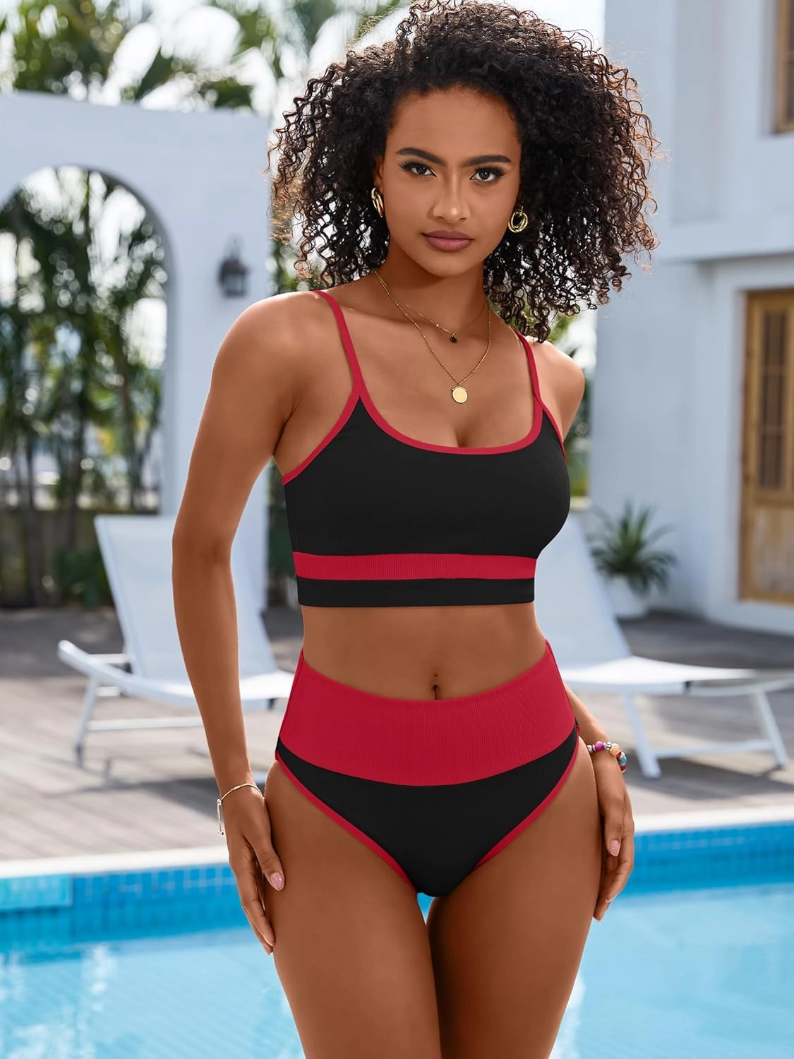 ANRABESS Women High Waisted Bikini Sets Color Block Summer Beach Vacation 2 Piece Bathing Suit Tummy Control Ribbed Swimsuit