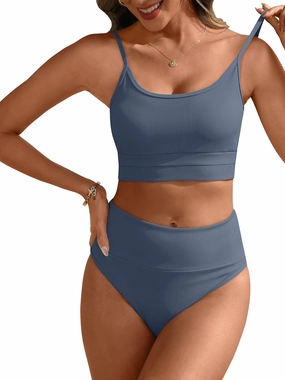 ANRABESS Women High Waisted Bikini Sets Color Block Summer Beach Vacation 2 Piece Bathing Suit Tummy Control Ribbed Swimsuit