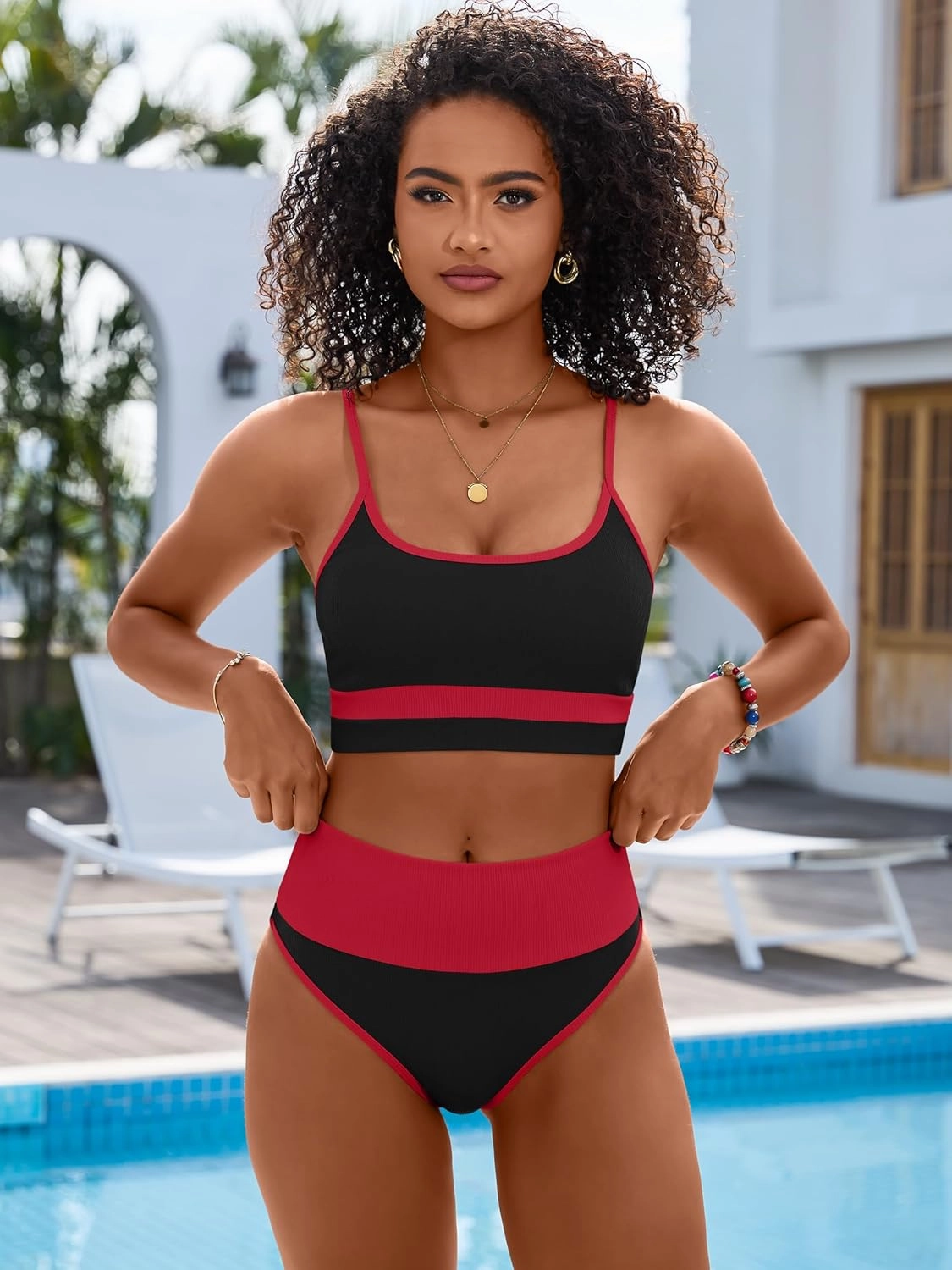 ANRABESS Women High Waisted Bikini Sets Color Block Summer Beach Vacation 2 Piece Bathing Suit Tummy Control Ribbed Swimsuit