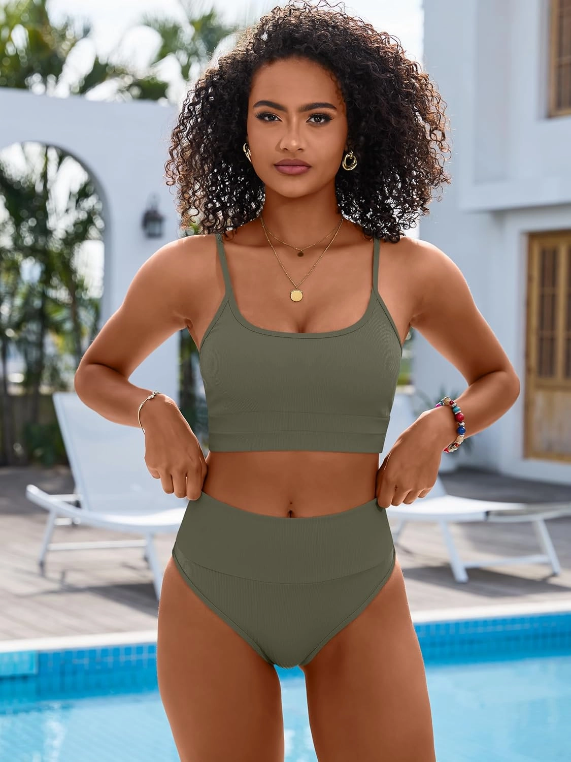ANRABESS Women High Waisted Bikini Sets Color Block Summer Beach Vacation 2 Piece Bathing Suit Tummy Control Ribbed Swimsuit