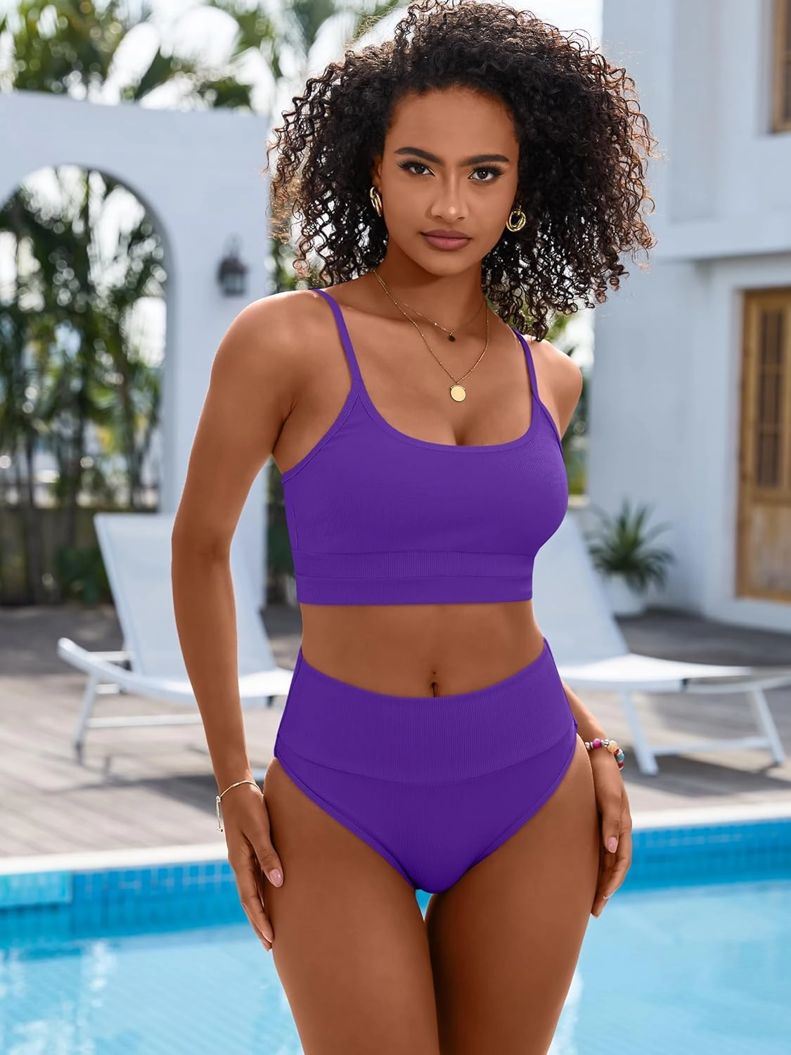 ANRABESS Women High Waisted Bikini Sets Color Block Summer Beach Vacation 2 Piece Bathing Suit Tummy Control Ribbed Swimsuit