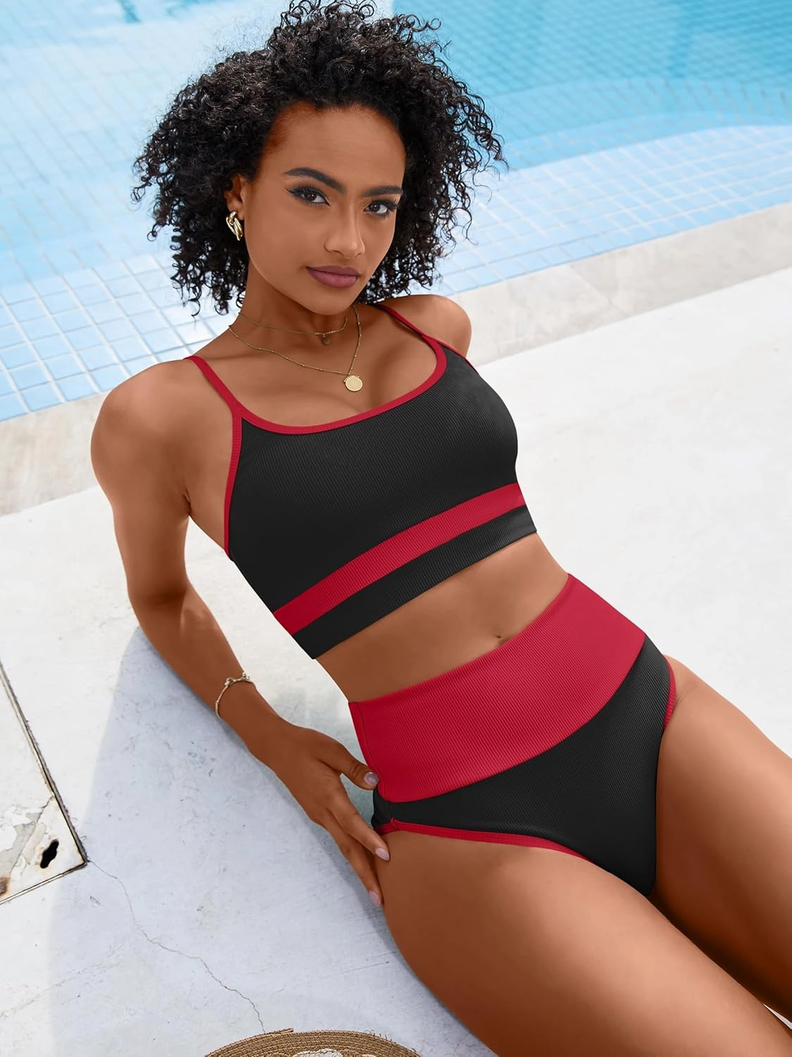 ANRABESS Women High Waisted Bikini Sets Color Block Summer Beach Vacation 2 Piece Bathing Suit Tummy Control Ribbed Swimsuit