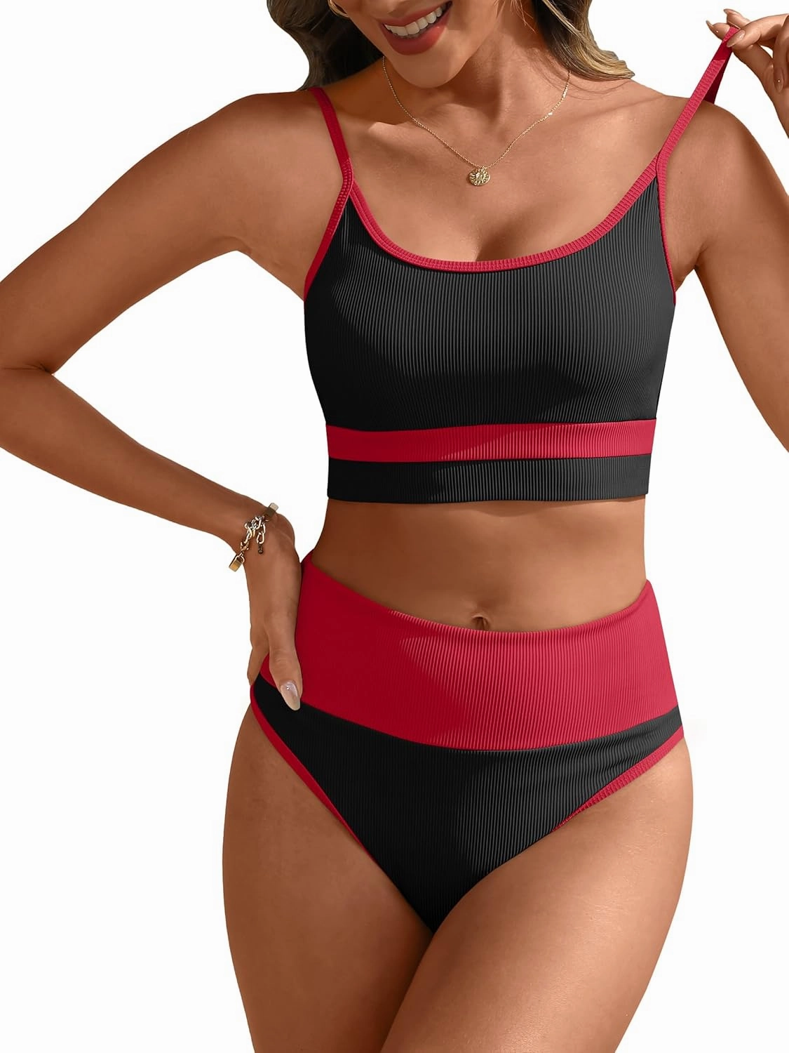 ANRABESS Women High Waisted Bikini Sets Color Block Summer Beach Vacation 2 Piece Bathing Suit Tummy Control Ribbed Swimsuit