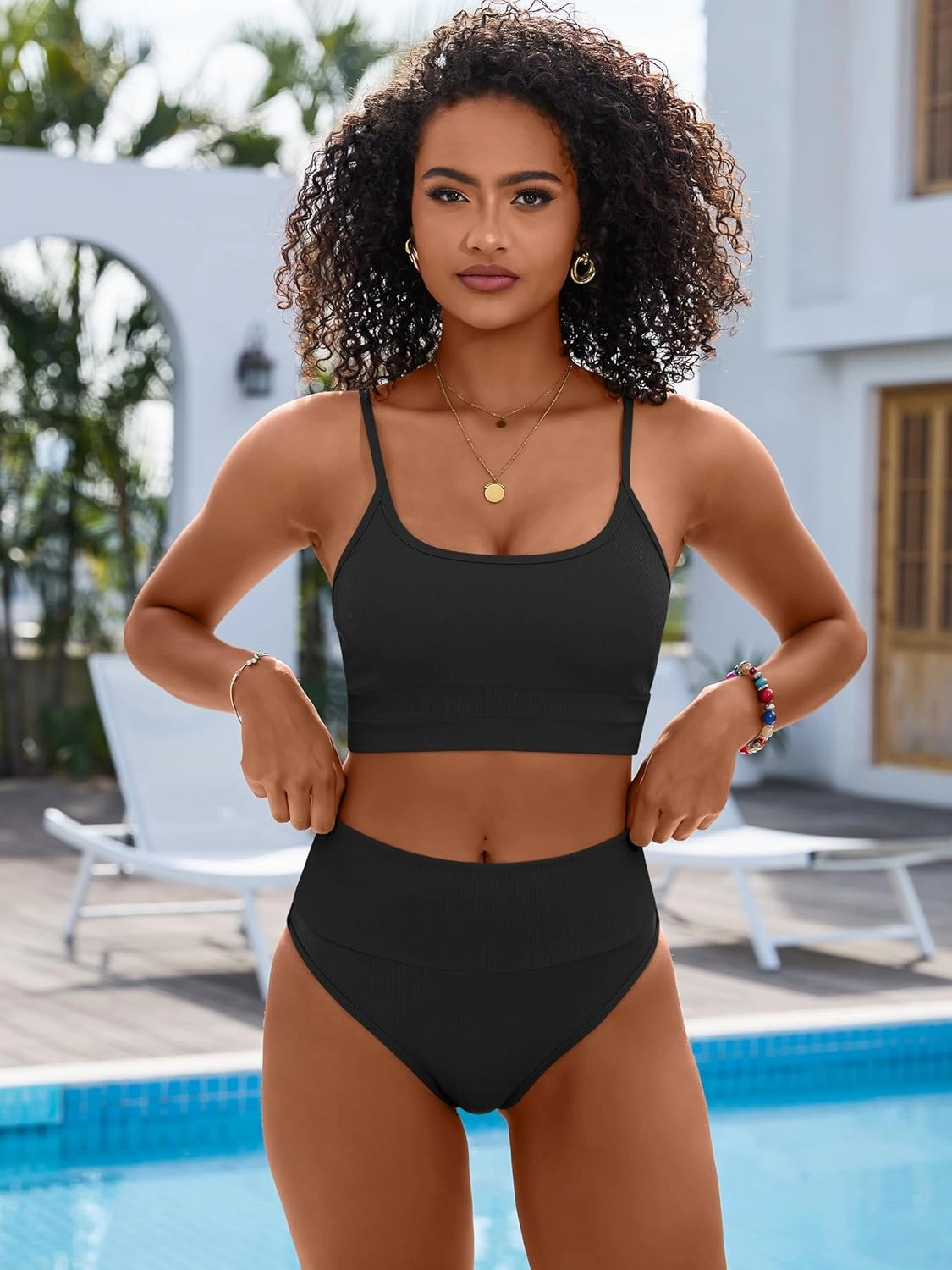 ANRABESS Women High Waisted Bikini Sets Color Block Summer Beach Vacation 2 Piece Bathing Suit Tummy Control Ribbed Swimsuit