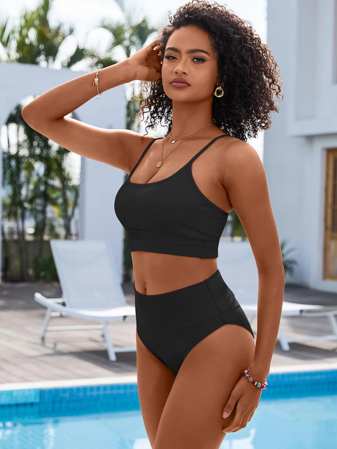 ANRABESS Women High Waisted Bikini Sets Color Block Summer Beach Vacation 2 Piece Bathing Suit Tummy Control Ribbed Swimsuit