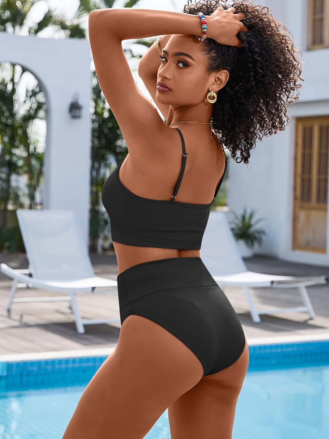 ANRABESS Women High Waisted Bikini Sets Color Block Summer Beach Vacation 2 Piece Bathing Suit Tummy Control Ribbed Swimsuit