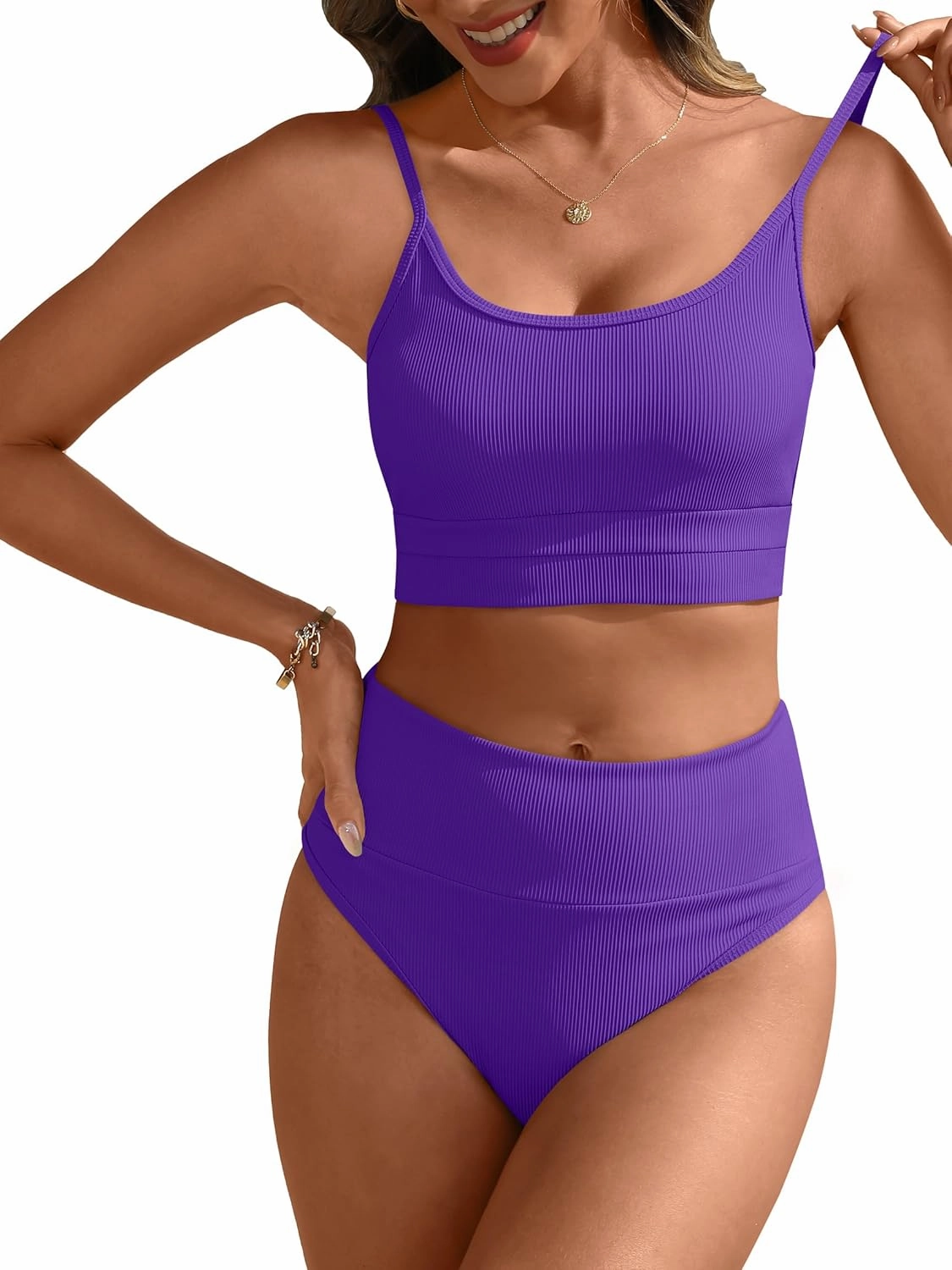 ANRABESS Women High Waisted Bikini Sets Color Block Summer Beach Vacation 2 Piece Bathing Suit Tummy Control Ribbed Swimsuit