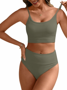 ANRABESS Women High Waisted Bikini Sets Color Block Summer Beach Vacation 2 Piece Bathing Suit Tummy Control Ribbed Swimsuit