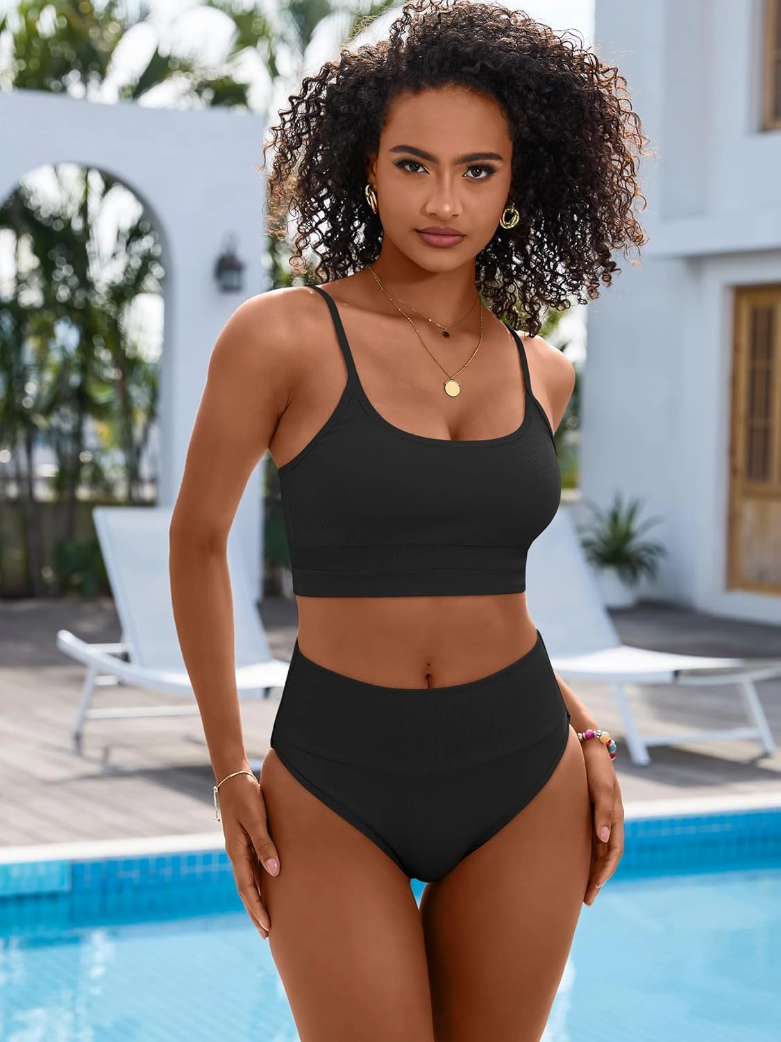 ANRABESS Women High Waisted Bikini Sets Color Block Summer Beach Vacation 2 Piece Bathing Suit Tummy Control Ribbed Swimsuit