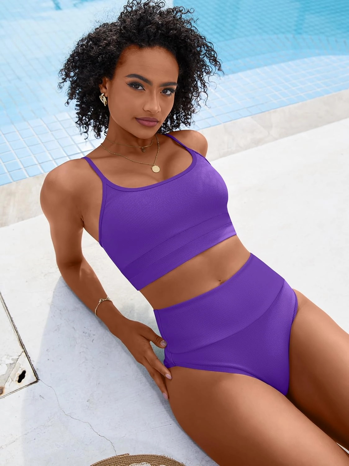ANRABESS Women High Waisted Bikini Sets Color Block Summer Beach Vacation 2 Piece Bathing Suit Tummy Control Ribbed Swimsuit