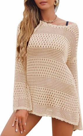 AOLRO Bathing Suit Cover Ups for Women Crochet Long Sleeve Swimsuit Hollow Out Bikini Coverup Tunic Top Beach Outfits S-XXL