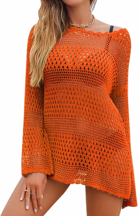 AOLRO Bathing Suit Cover Ups for Women Crochet Long Sleeve Swimsuit Hollow Out Bikini Coverup Tunic Top Beach Outfits S-XXL