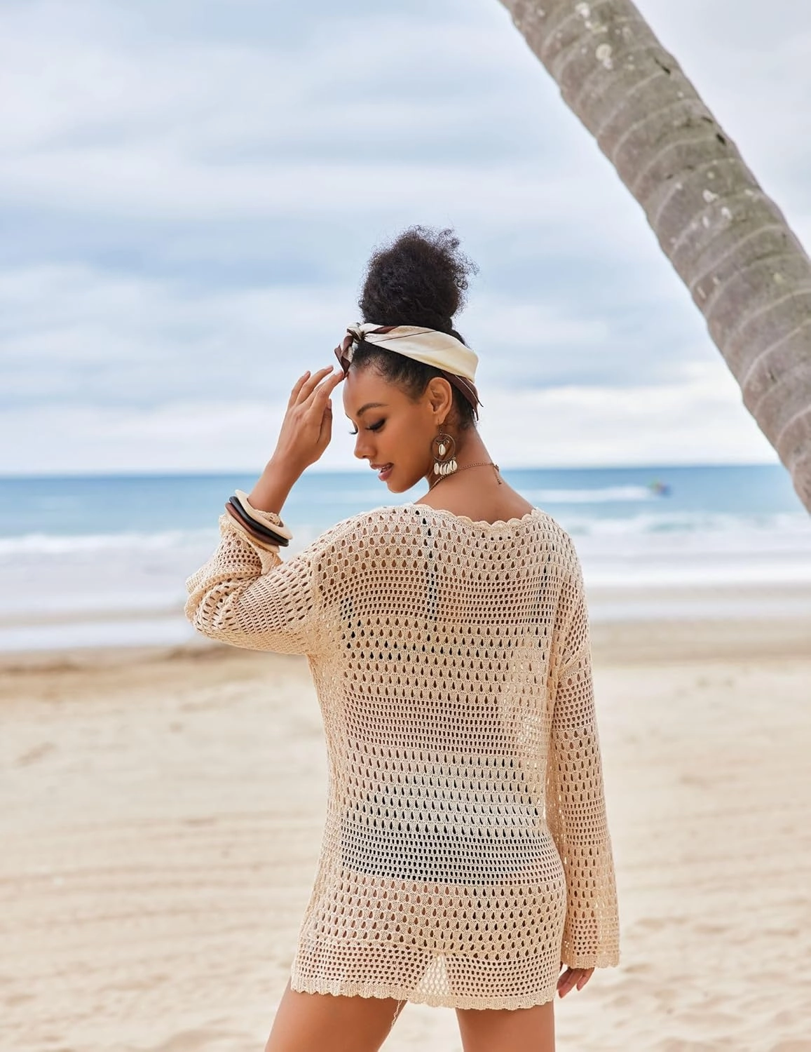 AOLRO Bathing Suit Cover Ups for Women Crochet Long Sleeve Swimsuit Hollow Out Bikini Coverup Tunic Top Beach Outfits S-XXL