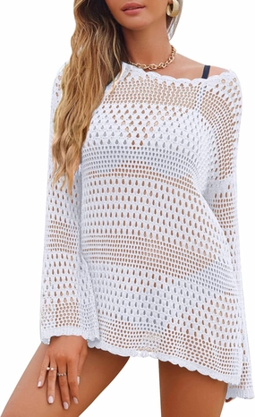 AOLRO Bathing Suit Cover Ups for Women Crochet Long Sleeve Swimsuit Hollow Out Bikini Coverup Tunic Top Beach Outfits S-XXL