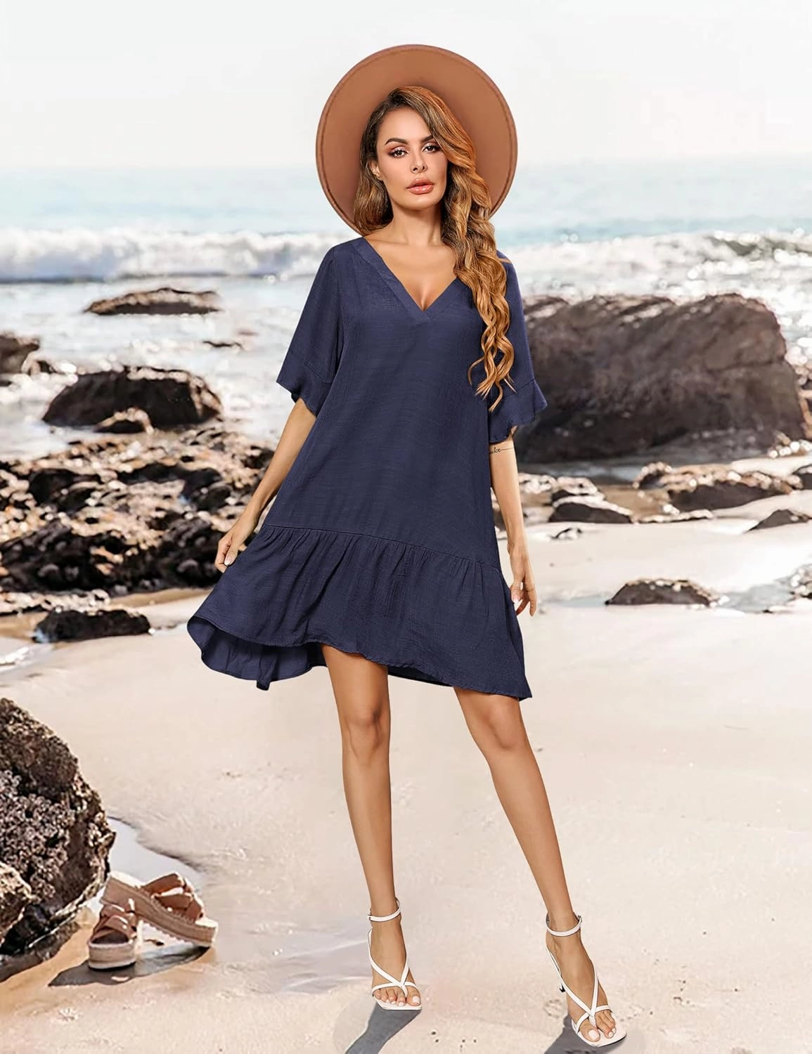 Aoulaydo Womens Swimsuit Coverups Sexy V Neck Bathing Suit Cover Ups Casual Loose Cover Up for Swimwear