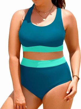 Aqua Eve Plus Size Two Piece High Waisted Bikini Swimsuits Scoop Neck Bikini Set Sporty Bathing Suits
