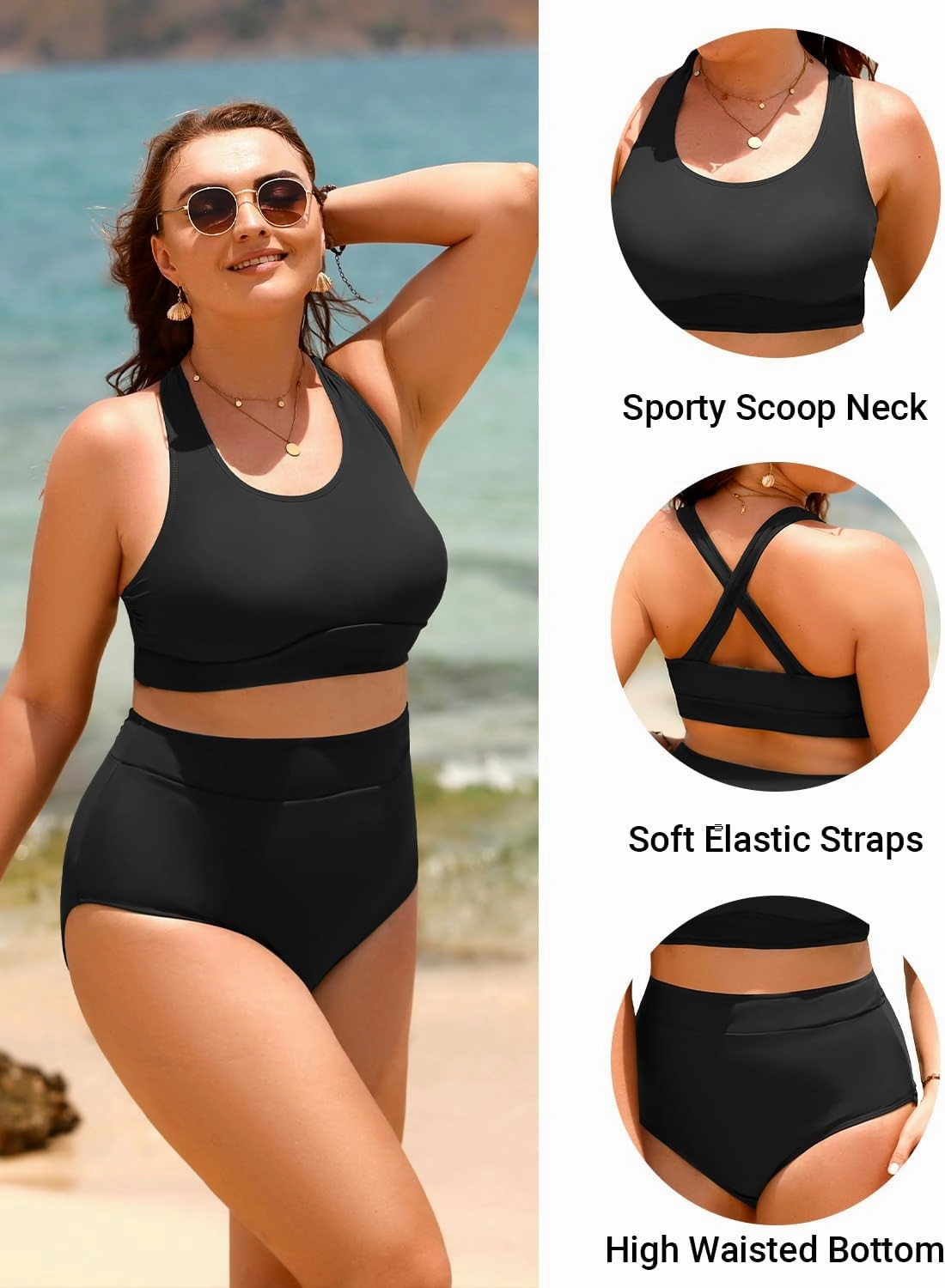 Aqua Eve Plus Size Two Piece High Waisted Bikini Swimsuits Scoop Neck Bikini Set Sporty Bathing Suits