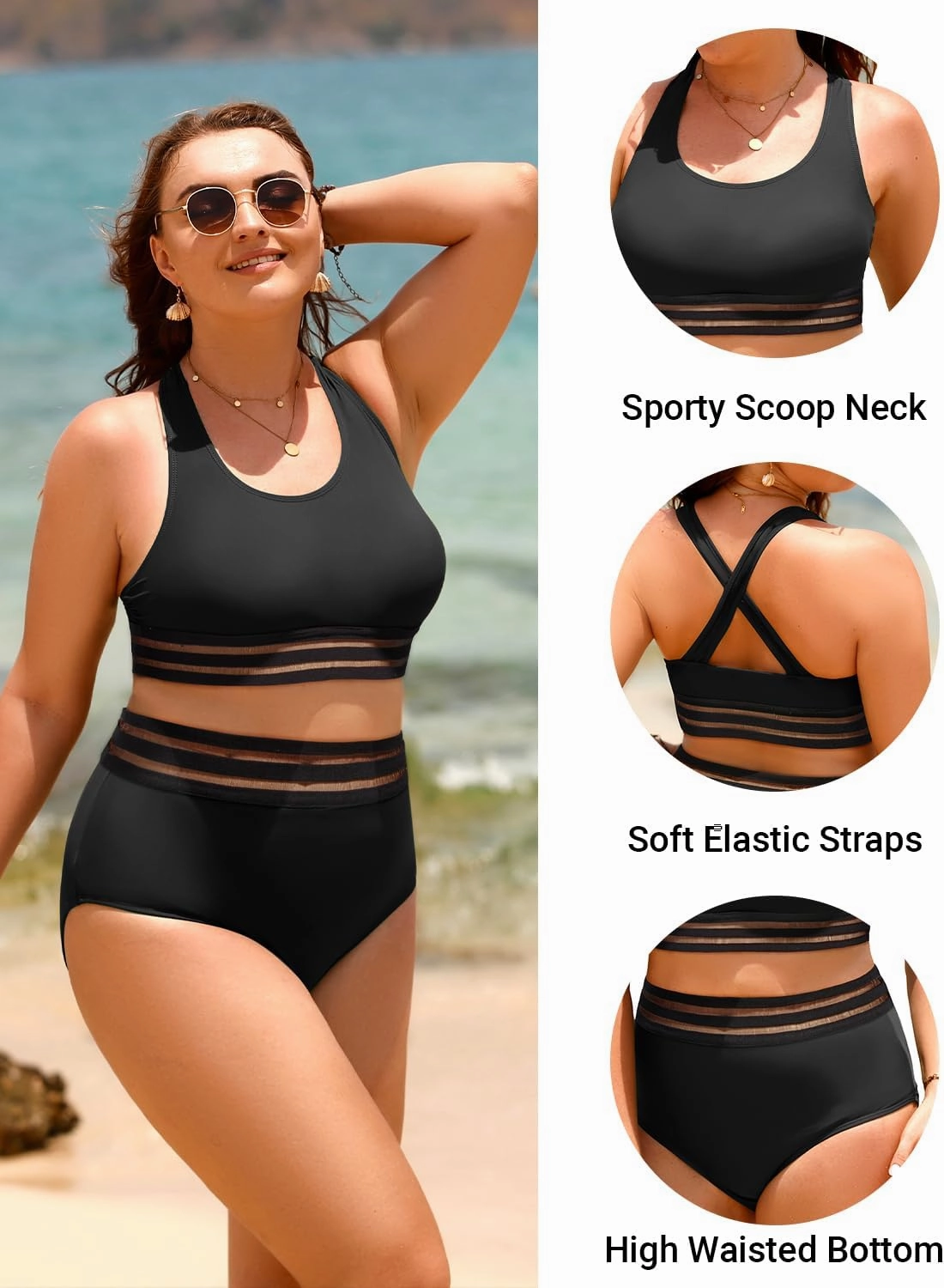 Aqua Eve Plus Size Two Piece High Waisted Bikini Swimsuits Scoop Neck Bikini Set Sporty Bathing Suits