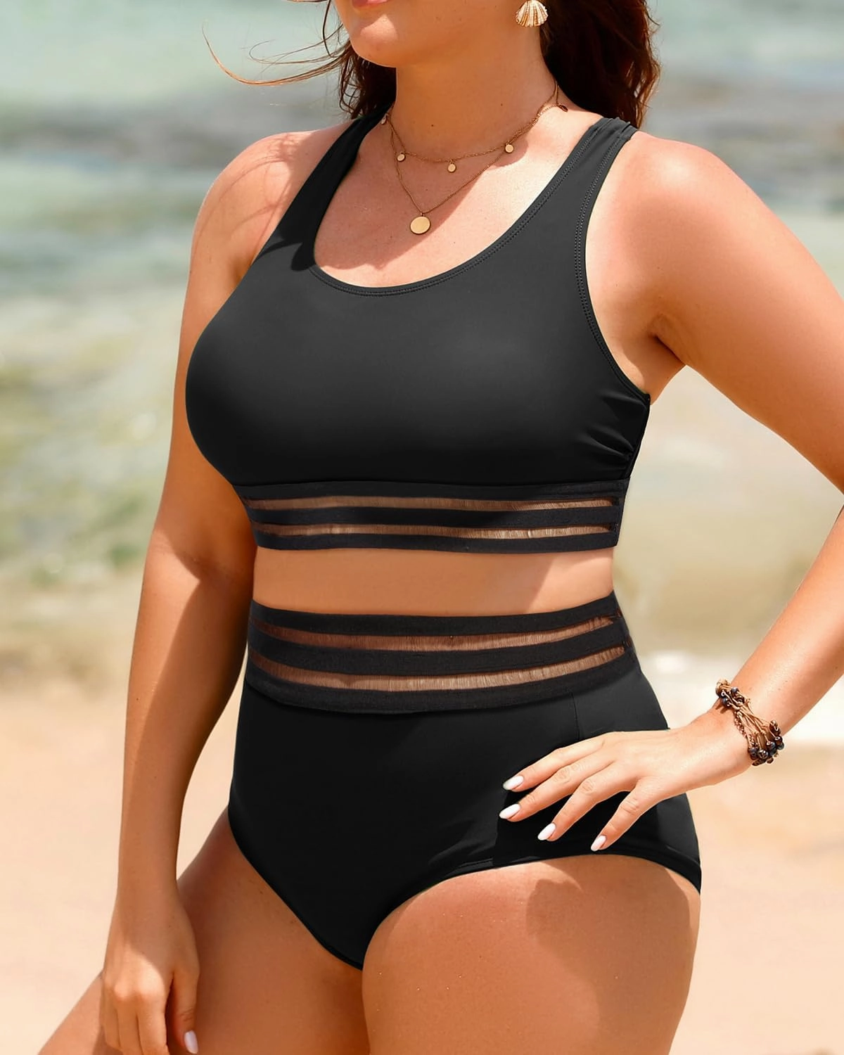 Aqua Eve Plus Size Two Piece High Waisted Bikini Swimsuits Scoop Neck Bikini Set Sporty Bathing Suits