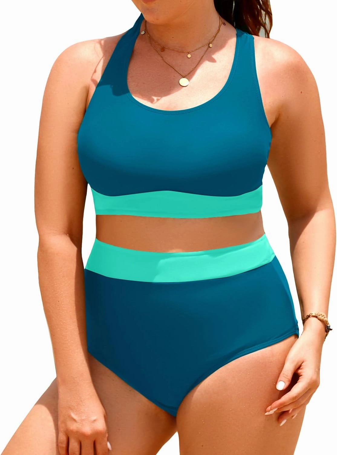 Aqua Eve Plus Size Two Piece High Waisted Bikini Swimsuits Scoop Neck Bikini Set Sporty Bathing Suits