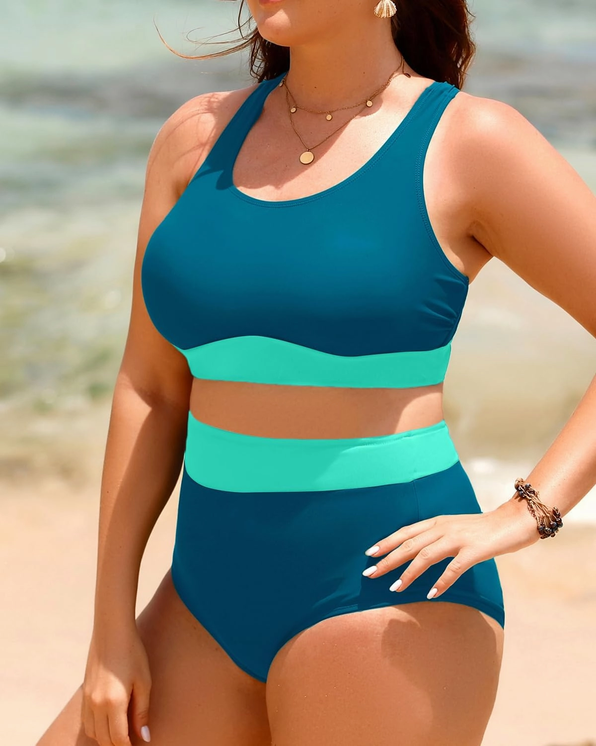 Aqua Eve Plus Size Two Piece High Waisted Bikini Swimsuits Scoop Neck Bikini Set Sporty Bathing Suits