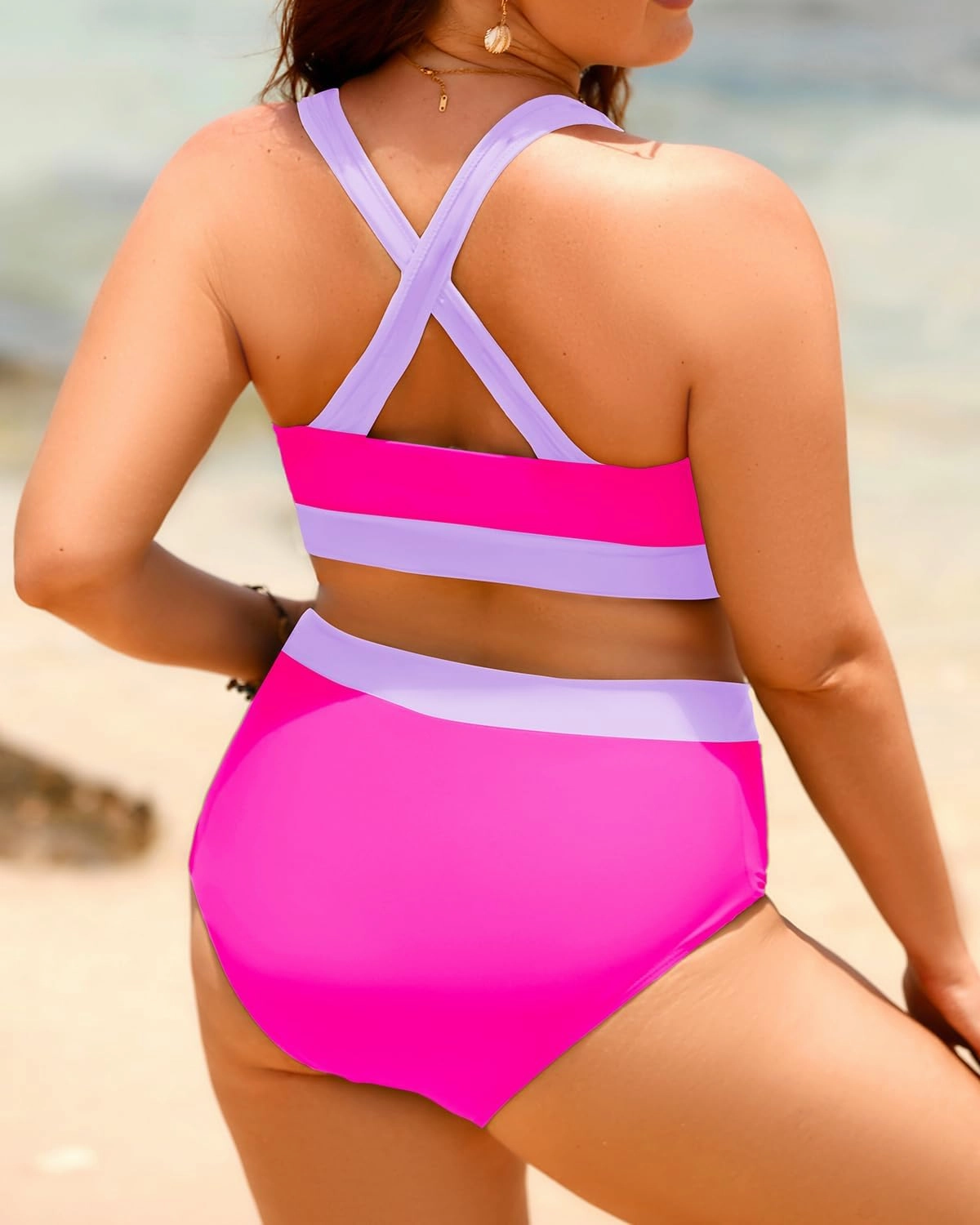 Aqua Eve Plus Size Two Piece High Waisted Bikini Swimsuits Scoop Neck Bikini Set Sporty Bathing Suits