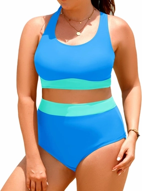 Aqua Eve Plus Size Two Piece High Waisted Bikini Swimsuits Scoop Neck Bikini Set Sporty Bathing Suits