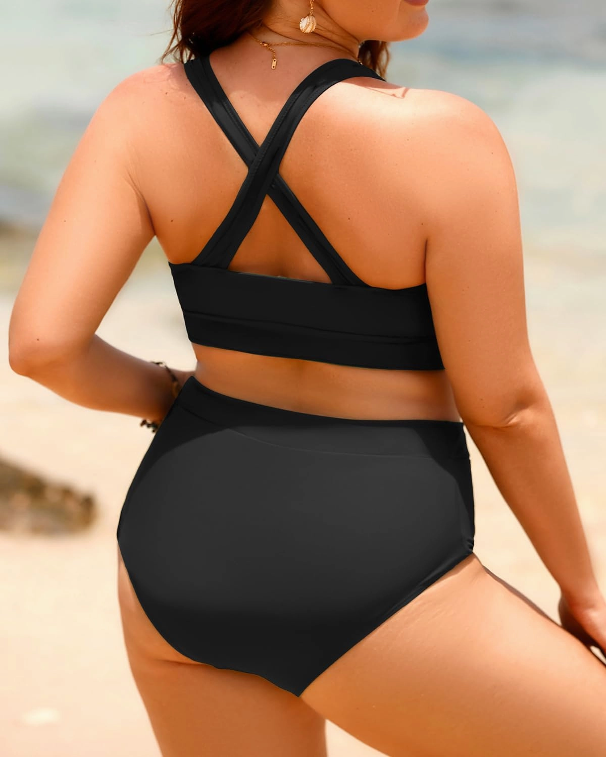 Aqua Eve Plus Size Two Piece High Waisted Bikini Swimsuits Scoop Neck Bikini Set Sporty Bathing Suits