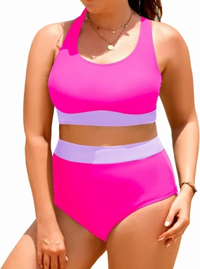 Aqua Eve Plus Size Two Piece High Waisted Bikini Swimsuits Scoop Neck Bikini Set Sporty Bathing Suits