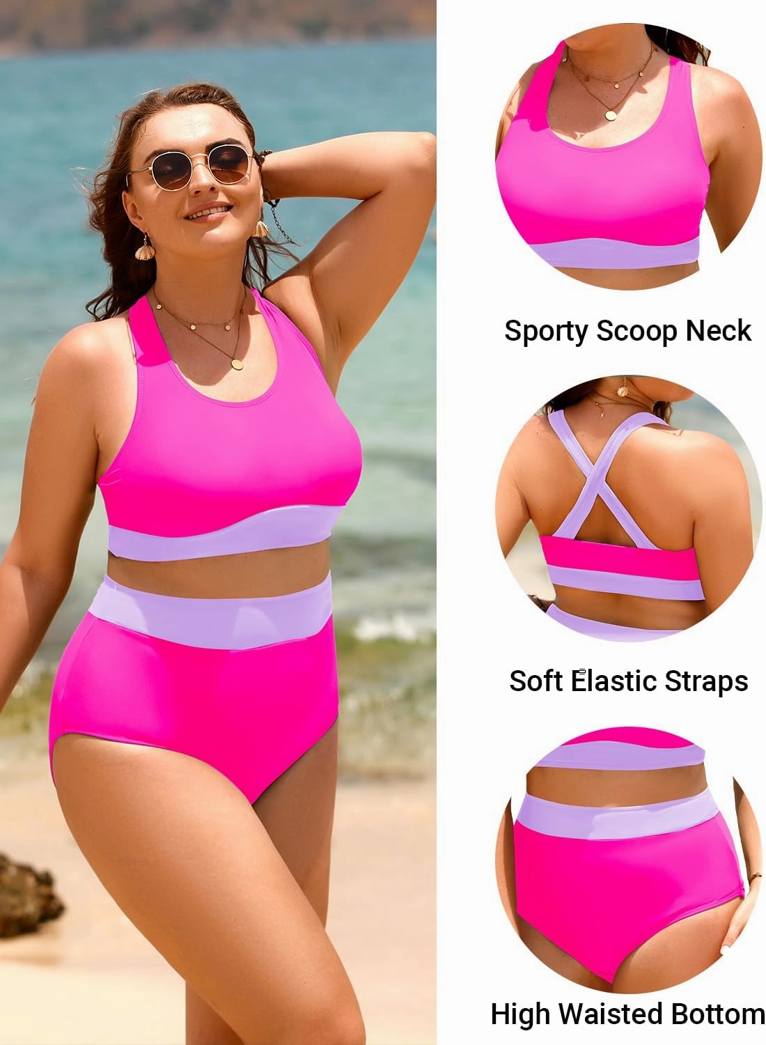 Aqua Eve Plus Size Two Piece High Waisted Bikini Swimsuits Scoop Neck Bikini Set Sporty Bathing Suits
