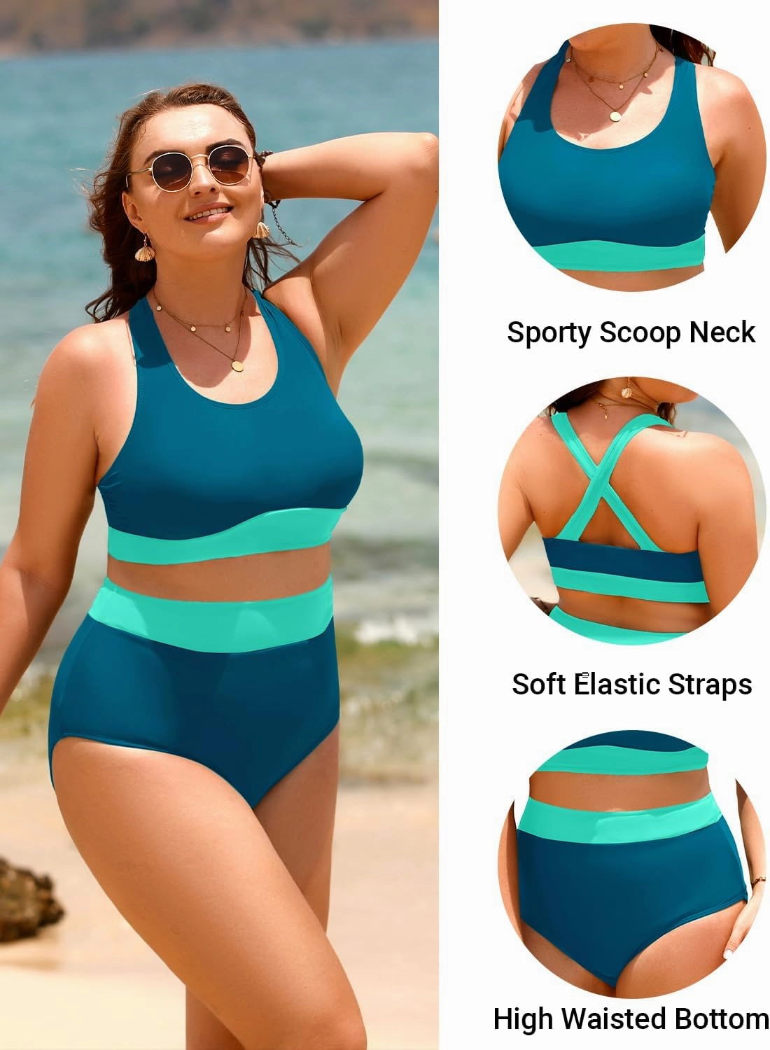 Aqua Eve Plus Size Two Piece High Waisted Bikini Swimsuits Scoop Neck Bikini Set Sporty Bathing Suits